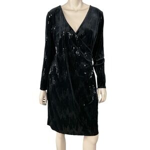 Ivanka Trump Dress Women Size 12 Black Long Sleeve Wrap Velour Sequins NWT